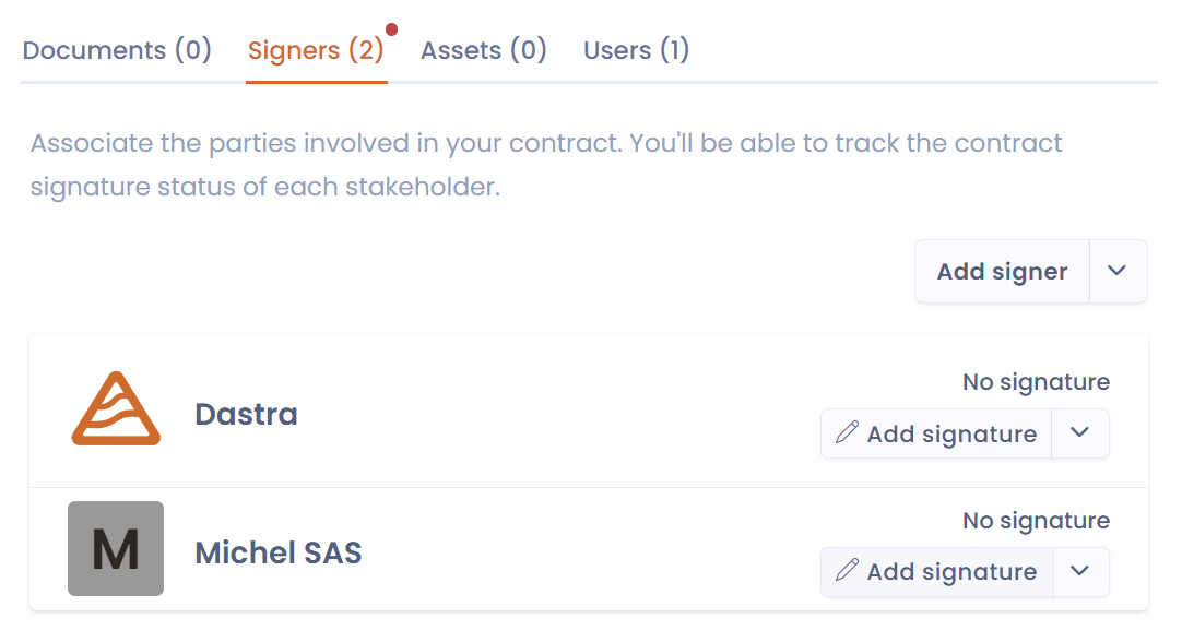 Assignez des signataires à votre contrat